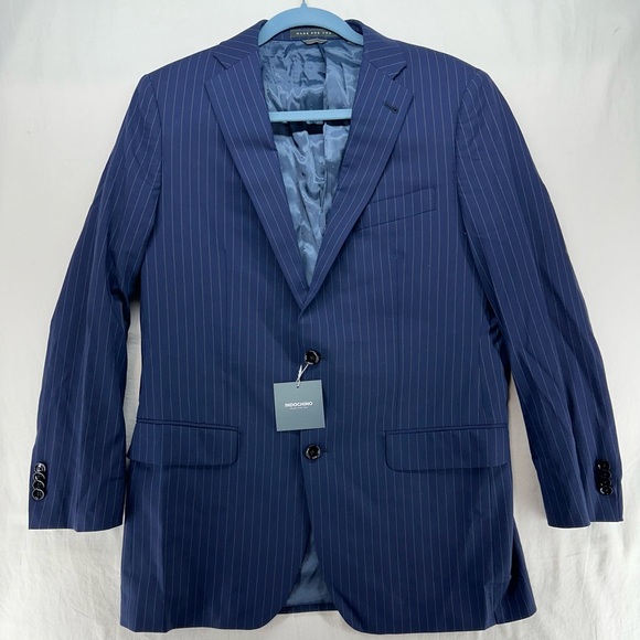 Indochino Jacket Blazer Sport Coat Wool Navy Blue Pin Stripe 2 Button 38 NWT
